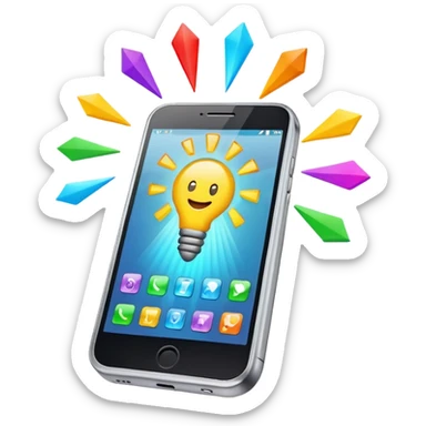 Generate a realistic emoji of a smartphone where a lot of things like data, ideas, inventions and creative stuff coming out of it. Whats coming  out of it spreads in the air  sticker