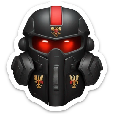 Black Space Marine 40K helmet with red lenses, featuring the Russian coat of arms. sticker