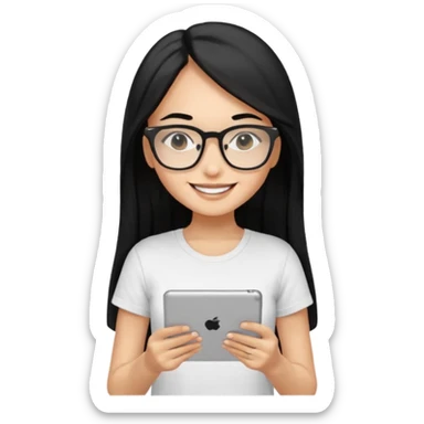 Long black hair girl in a white T-shirt and black square glasses smiling studying with an Ipad. sticker