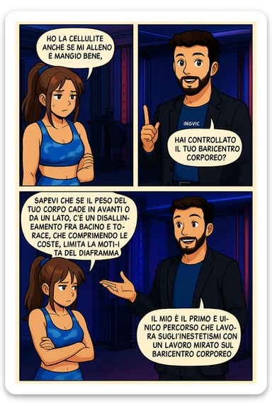 PRENDI SPUNTO DA QUESTO STILE FACENDO UN WEBTOON/MANGA:

LEI: Ho la cellulite anche se mi alleno e mangio bene, cosa posso fare?

LUI: Hai controllato il tuo baricentro corporeo?
LUI: Sapevi che se il peso del tuo corpo cade in avanti o da un lato, c’è un disallineamento fra bacino e torace, che comprimendo le coste, limita la motilità del diaframma e l’ossigenazione dei tessuti?
LUI: Il mio è il primo e unico percorso che lavora sugli inestetismi con un lavoro mirato sul baricentro corporeo. sticker