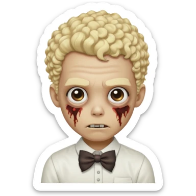 Blonde zombie boy with a white shirt with a bow in his curly hair sticker