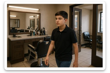 sartaroshxonaga kirib kelyotgan odam rakurs  ichkarigan hali o'smirin yoshda soqoli yo'q ichkari unchalik eski ham yangi ham emas 
 sticker