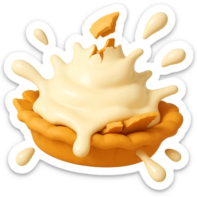 Show the cream pie mid-splat, cream spreading out, crust breaking, playful 3D emoji style, golden brown crust, same angle as reference. (Stage 4 of 6) sticker