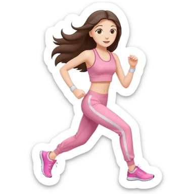 white happy brunette teen long hair with hazel eyes in light pink workout clothes jogging sticker