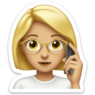 a girl with golden rim spacticals seeing the phone  sticker