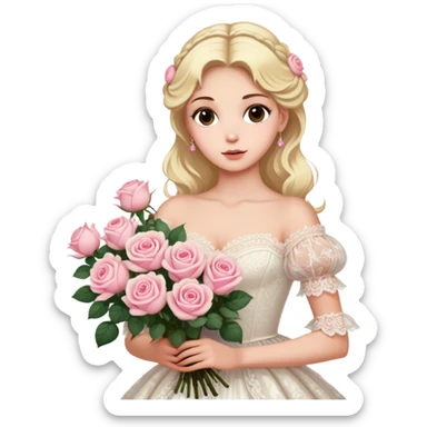 Blonde model with brown eyes wearing a white lacey rococo gown clutching a giant bouquet of cream and pink roses sticker