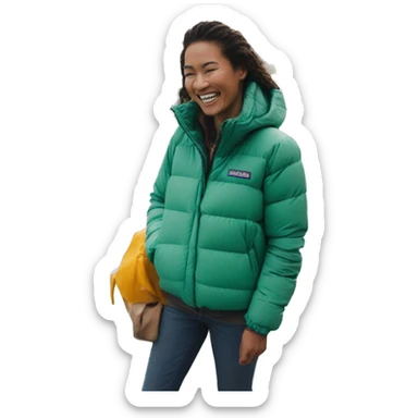 casual style with a smile，patagonia jacket，colorful sticker