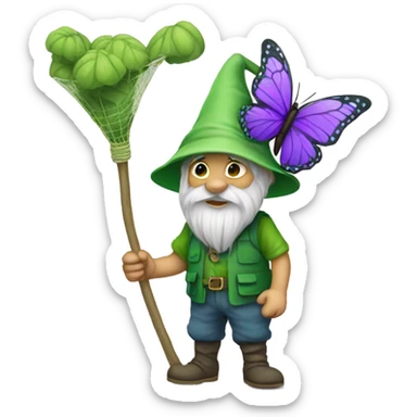 green crawly gnome with purple butterfly net sticker