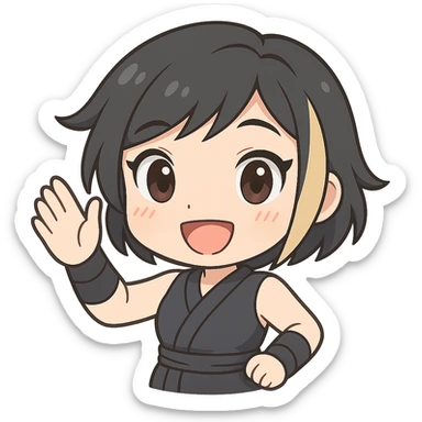 Make this exact chibi ninja girl wave to the right, keeping the same anime chibi style, face, outfit, and colors. Only change the arm position for animation. Transparent background, sized for Twitch emoji use. sticker