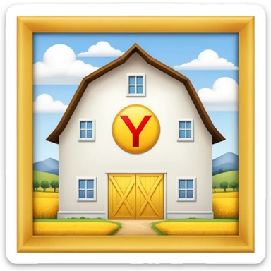 Big white barn with big yellow Y on it sticker