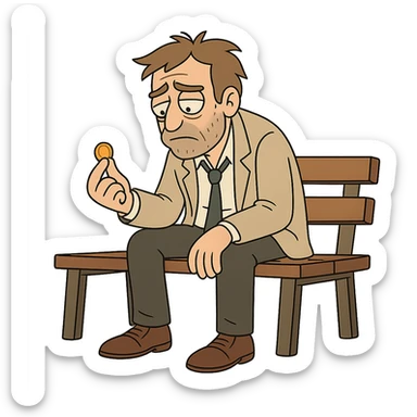 ex billionaire, sitting on a bench, looking at a single coin, cartoon style sticker