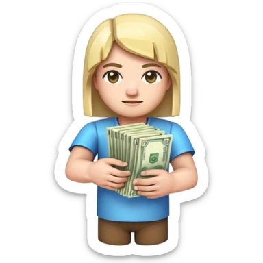 emoji style icon, minecraft blocky character holding a stack of money, pixel art style, bright colors, simple background, 3D glossy emoji, centered composition, soft shadow, high detail, clean outline, white background sticker
