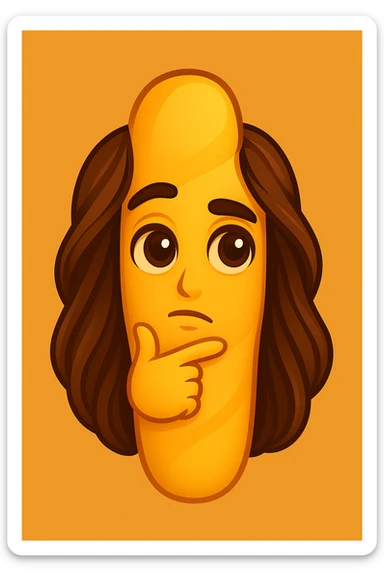 Create a cartoon style emoji in the shape of a breadstick with a thoughtful expression. The emoji should faithfully capture the facial features of the person in the reference photo: large, deep eyes, prominent eyebrows, closed mouth, delicate features, and long stylized hair on the sides of the breadstick. Use warm colors and convey a friendly, charming atmosphere. sticker
