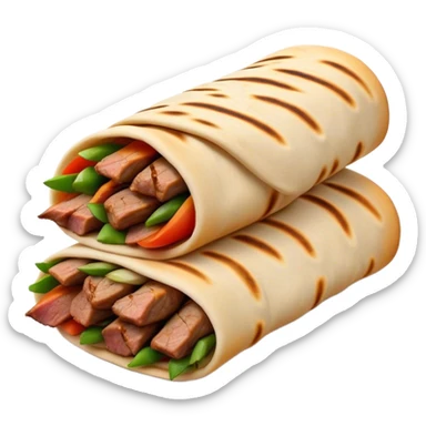 Cinematic Realistic Shawarma Dish Emoji, showcasing spiced, succulent meat wrapped in flatbread with fresh vegetables rendered with lifelike detail and dynamic, appetizing lighting. sticker