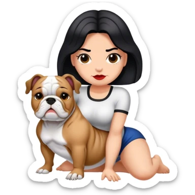 Mujer de cabello negro lacio con un bulldog francés de muchas manchitas sticker