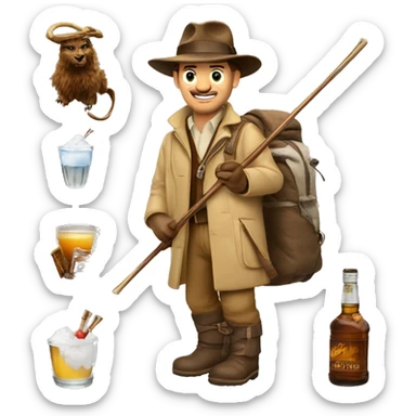 Indiana jones skiing with a shot of whiske sticker