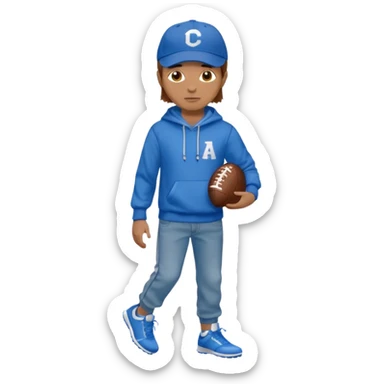 A person. With aBlue baseball cap. With a football on it. Brown hair. A blue hoodie. And tan jeans. With Nikes on. sticker
