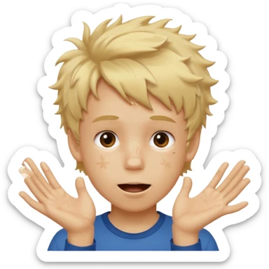 White young boy with mouth out and blonde messy hair with his hands out one has a 6 on it the right has a 7 on it sticker