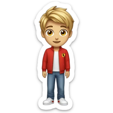 A male teenager with very short dart hair and brown eyes dressed as a ferrari supporter sticker