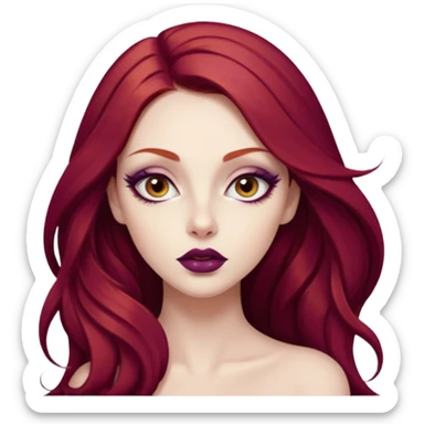 A young woman with long, deep red hair and smooth porcelain skin. She has large, expressive eyes accentuated by winged eyeliner and warm-toned eyeshadow. Her full lips are painted with deep plum lipstick. realistic style, high detail. sticker
