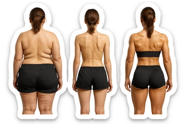 fai una donna di spalle in gym shorts leggermente sovrappeso e con cellulite e accanto una seconda donna di spalle magra (che è dimagrita post dieta) e accanto una terza donna in forma allenata e con le giuste proporzioni, l'immagine deve rappresentare il processo: da donna grassa, a donna piatta e magra, a donna allenata e in forma con i giusti muscoli, iperrealistico 4k sticker