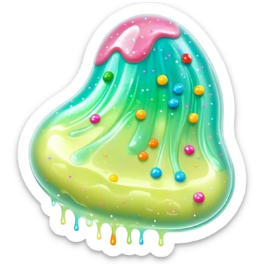 Cinematic Realistic Clear Slime Mixed with Sprinkles, ultra-transparent with suspended colorful candy-like specks, light refracting through each tiny piece, soft gelatinous texture catching highlights, stretching and bending in a mesmerizing way, glowing with a magical, almost surreal quality. sticker