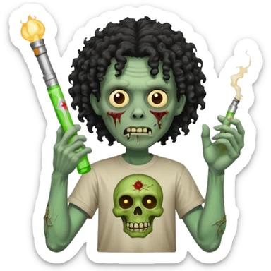 black mid long curly haired zombie getting stoned with weed t shirt and bong on his hand sticker