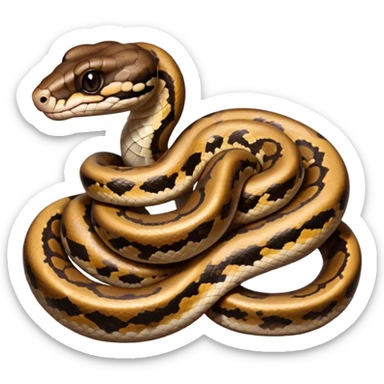 A photo-realistic digital illustration of a Ball Python, chest upward, with a short, rounded head, thick body, and a calm, curious expression. It has a warm brown base color with irregular dark blotches shaped like “alien heads,” and matte-textured scales that emphasize its small, stocky form. sticker