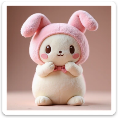 My Melody character, photorealistic style, soft lighting, gentle smile, plush toy look sticker