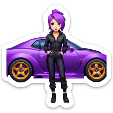 A street racer girl with messy purple hair, black jumpsuit, standing beside a neon-lit car. sticker