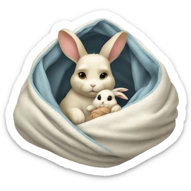 Rabbit with baby rabbit cozy in blanket sticker