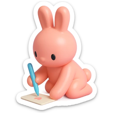 coral bunny kneeling while writing a love letter, vinyl figure style sticker