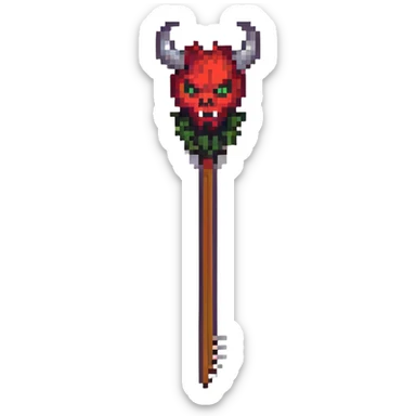 Add a devil pitchfork in pixel art style, matching the existing pixel art style and keeping the background transparent. sticker