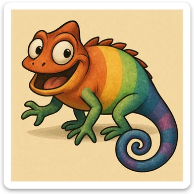 Make the rainbow chameleon more detailed with added texture and shading, keeping the playful cartoon style and vibrant colors. Enhance the cartoonish features with more depth and shading. sticker