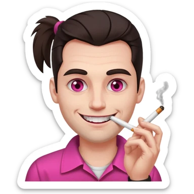 A white man with dark brown hair in a ponytail, oversized bloodshot pink eyes, grinning, smoking a long roll up sticker