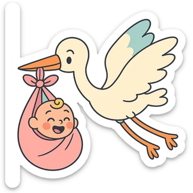 human baby in a bundle being carried by a flying stork in pastel toon style sticker