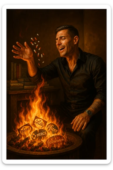 "Enlightened man throwing antidepressant pills into fireplace, flames consuming what he sees as chemical poison, expression of liberation from psychiatric medication, Big Pharma logos melting in the fire, natural healing books spread on table behind him, pharmaceutical slavery being broken through pill destruction, mental clarity returning as drugs burn" sticker
