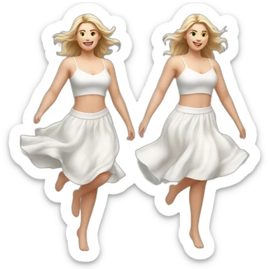 Hyperrealistic Full body Caucasian curvy beauty jumping white skirt back and front views strong wind sticker