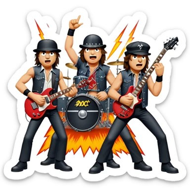 Cinematic Realistic AC/DC Band Emoji, depicted as a high-energy rock ensemble with electrifying stage presence and gritty textures, rendered with bold vibrant lighting that captures the raw power and rebellious spirit of their music. sticker