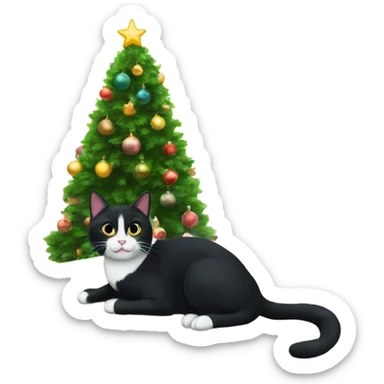 Black tuxedo cat sitting Christmas tree  sticker