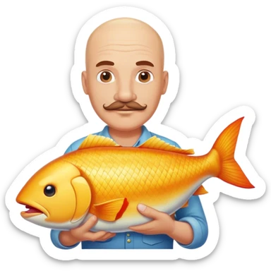 Bald white man with mustache holding a big fish sticker