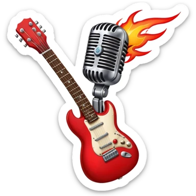 Create a bold and dynamic emoji representing rock vocal performance in a humanless collage. The design should feature a vintage microphone at the center, surrounded by key rock elements like an electric guitar, drumsticks, and a guitar pick. Include symbols of energy, such as lightning bolts or flames, and subtle musical notes or sound waves to evoke the raw power of rock vocals. Use dark, bold colors like black, silver, and red, with hints of chrome or metallic accents to convey the edgy, rebellious spirit of rock music. The background should be transparent. sticker