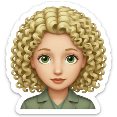 a woman in her late 40s and has greyish greenish eyes and blonde curly hair sticker
