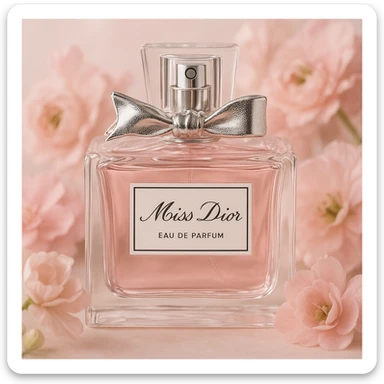 Miss Dior perfume bottle, elegant, floral, feminine, soft pink, realistic style sticker