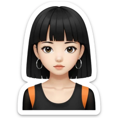 Korean girl, black tank top, black hair, black eyes, layered hair, cool girl, aesthetic, long hair, hime cut, blunt bangs, small silver hoop earrings sticker