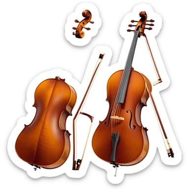 Create a refined and detailed emoji representing a Cremona 4/3F 4/4 cello with a bow. The design should feature the smooth, polished wooden body of the cello with a deep, rich tone color. The strings and tuning pegs should be visible, emphasizing the instrument's fine craftsmanship. Add a delicate bow placed gently across the strings, with intricate detailing on the hair and frog. Include subtle musical notes around the cello to evoke the graceful, classical sound. Use warm wood tones and accents like gold and silver for a professional, elegant look. The background should be transparent. sticker