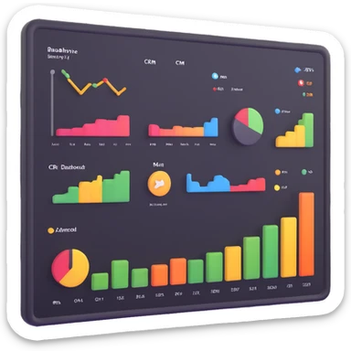 CRM dashboard with cheerful icons and graphs sticker