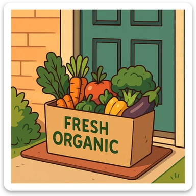 flat toon style illustration of a box of fresh organic products at the door of a house, vibrant colors sticker