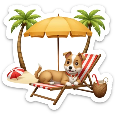 a dog laied on a beach chair, a sunny beach, a sun umbrella, and beach coconut trees. the icon should capture the essence of a relaxing beach vacation with a carefree atmosphere sticker