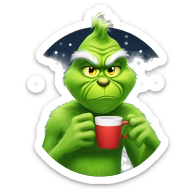 grinch drinking coffee under christmas lights  sticker